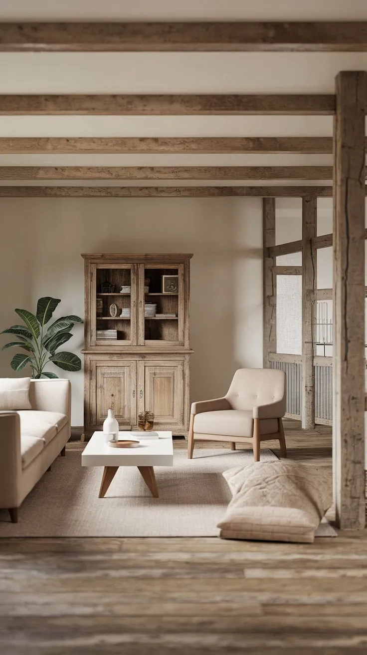 Rustic charm meets modern comfort in this contemporary farmhouse living room. The exposed wooden beams and vintage cabinet add character, while the neutral palette and clean lines create a serene atmosphere. A perfect blend of old and new, this space effortlessly balances warmth and style.