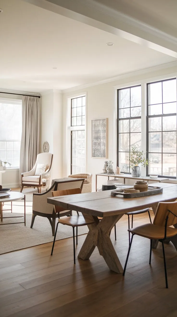 This modern farmhouse living room effortlessly blends rustic charm with contemporary style. The spacious layout, highlighted by natural light and a stunning wooden table, offers a welcoming and comfortable environment for family and friends. A perfect example of how to seamlessly integrate different design elements.