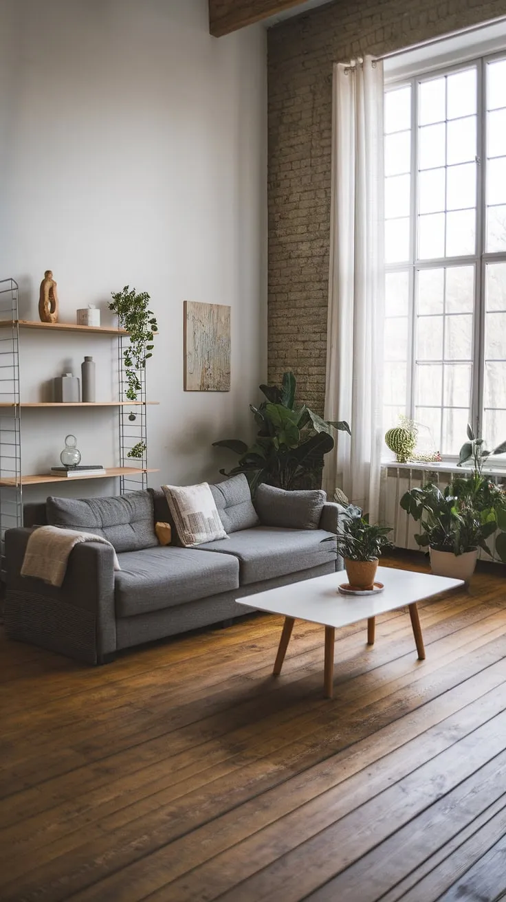 This contemporary farmhouse living room effortlessly blends rustic elements with modern design. The gray sofa offers a comfortable and stylish seating area, anchored by a simple white coffee table. Natural light floods the room, highlighting the beautiful wide plank flooring and the carefully curated décor on the wooden shelving. The addition of potted plants adds a touch of life and serenity, creating a space that feels both welcoming and sophisticated.