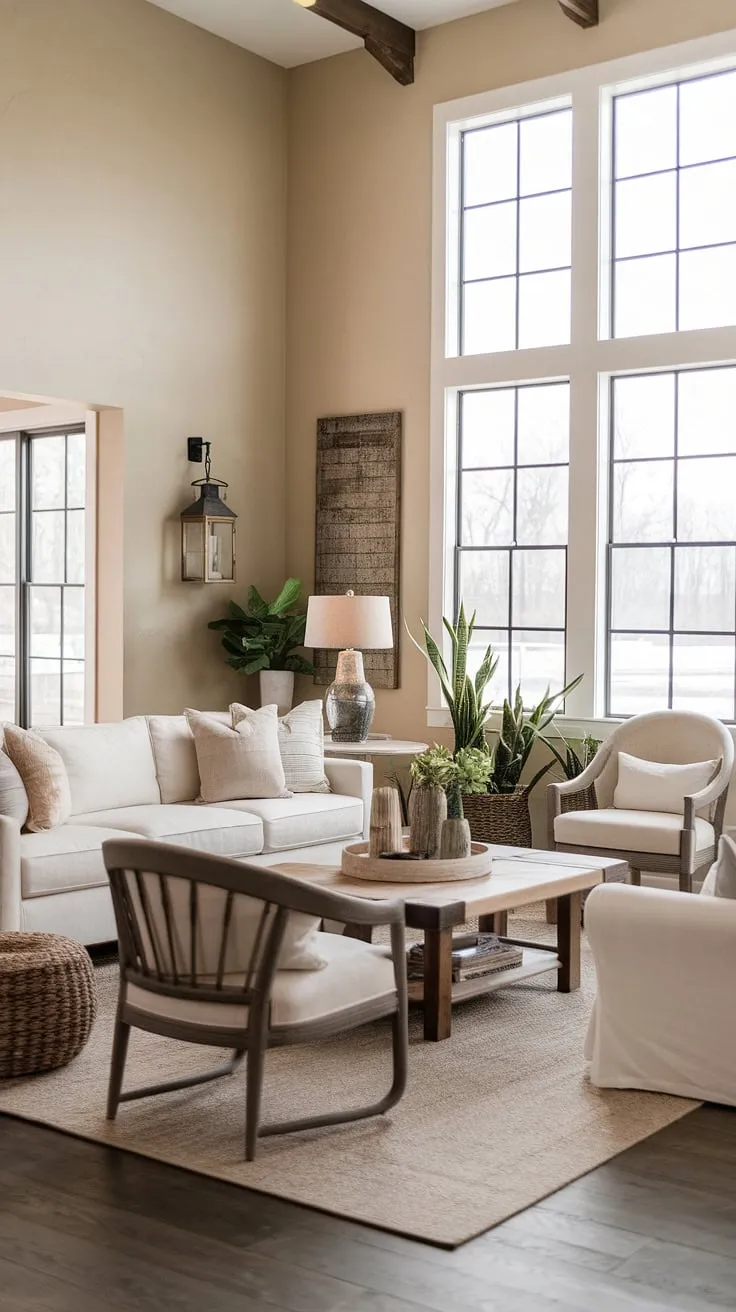 This contemporary farmhouse living room seamlessly blends rustic charm with modern elegance. The neutral color palette, featuring beige walls and a soft white sofa, is balanced by the warmth of the wooden coffee table and the textural interest of the rug. Large windows flood the space with natural light, highlighting the carefully curated details and creating a truly inviting atmosphere.