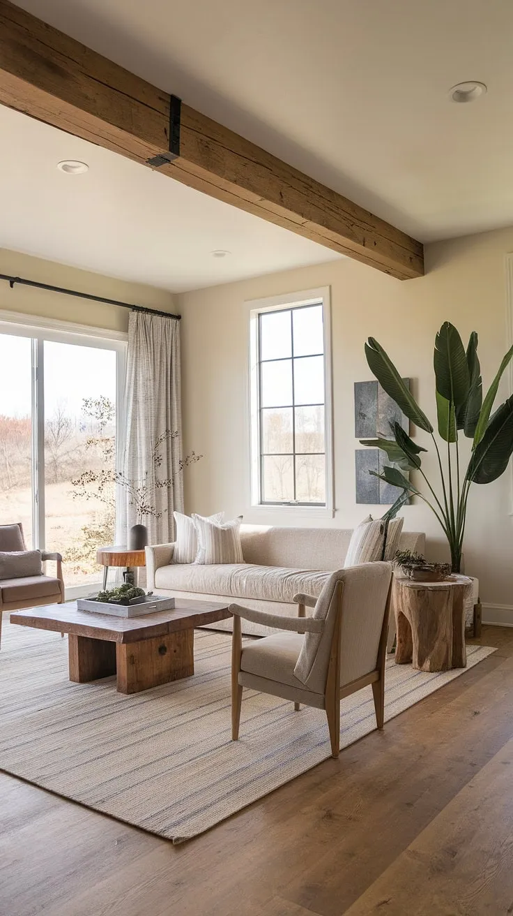 This contemporary farmhouse living room effortlessly marries rustic charm with modern sophistication. The exposed wooden beams and hardwood floors provide a grounding element, while the neutral color palette and clean lines create a sense of calm and serenity. The large window offers breathtaking views, blurring the lines between indoors and out, making it the perfect space for relaxation and connection.