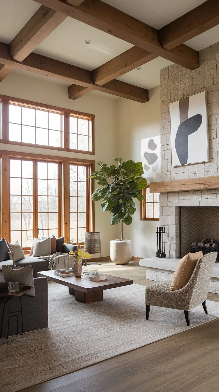 Where rustic charm meets modern comfort. The exposed wooden beams and stone fireplace create a warm and inviting atmosphere, perfectly complemented by the plush furnishings and natural light streaming through the large windows. A perfect blend of textures and styles creates a space that feels both cozy and sophisticated.