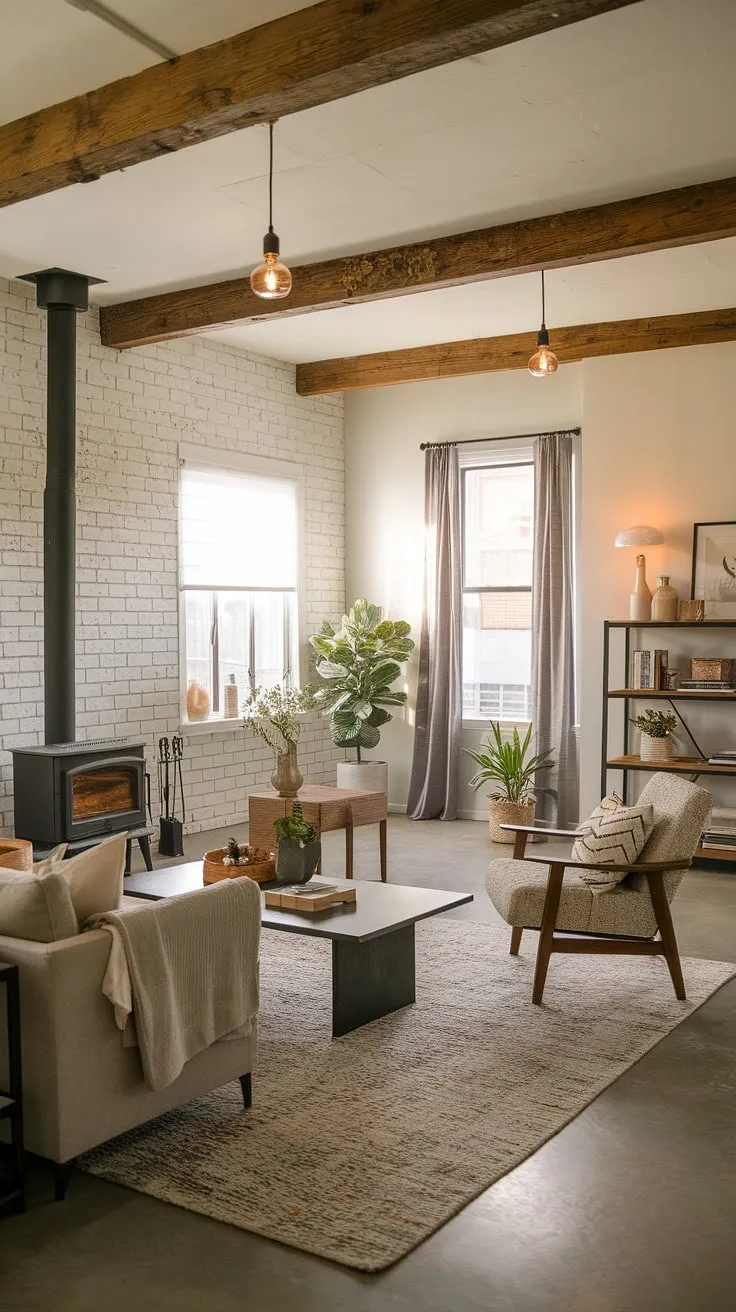 Warmth and character define this living room, where the exposed brick wall and wooden beams create a stunning backdrop for comfortable modern furniture. The wood-burning stove promises cozy nights, while the carefully curated décor adds a touch of personality and sophistication. A haven of rustic elegance.
