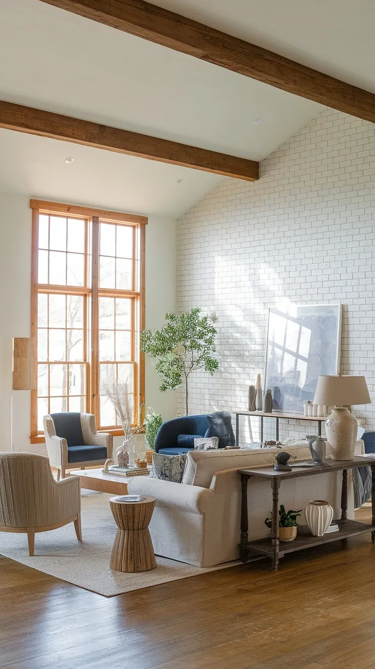 This modern farmhouse living room effortlessly blends rustic charm with contemporary comfort. The exposed beams and white brick wall provide a beautiful contrast to the soft furnishings, creating a space that feels both inviting and stylish. Natural light floods the room, highlighting the carefully chosen details and creating a serene atmosphere.