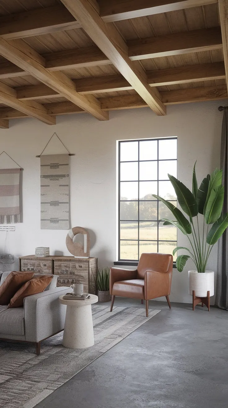 Rustic charm meets modern comfort in this contemporary farmhouse living room. The exposed wooden beams and gray concrete floor create a stunning contrast against the white walls, while the plush gray sofa and leather armchair invite relaxation. A large window offers breathtaking views, bringing the serene landscape a inside.