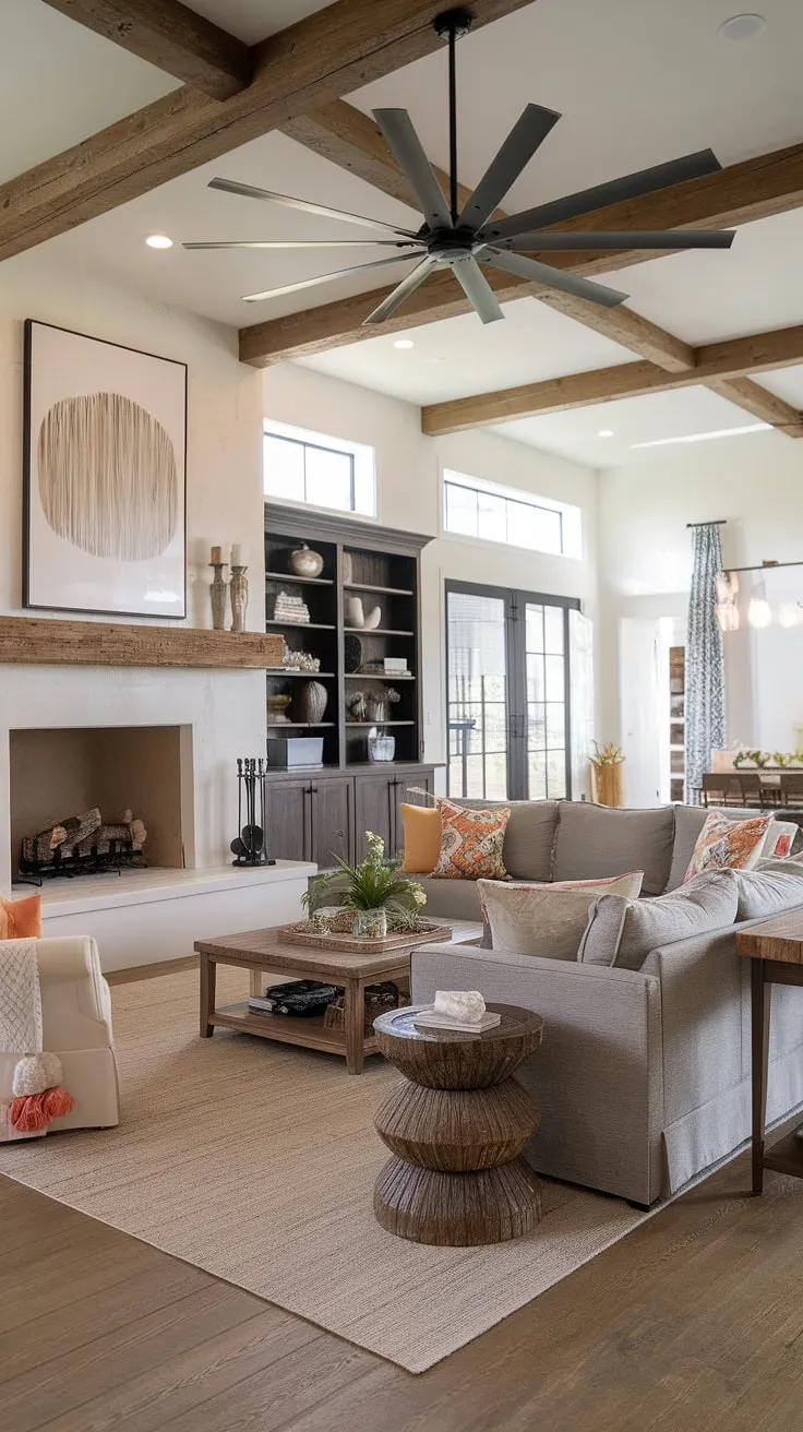 This living room embodies the perfect balance of modern farmhouse style. The large, rustic fireplace is the undeniable focal point, complemented by the comfortable gray sectional, a beautiful area rug, and carefully chosen artwork. It's a space designed for relaxation and connection.