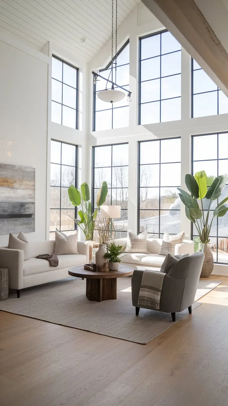 Sunlight streams through the expansive windows of this contemporary farmhouse living room, illuminating the perfect blend of rustic charm and modern elegance. The airy space, defined by high ceilings and light wood floors, feels both inviting and sophisticated, a testament to thoughtful design. A sense of calm permeates the room, enhanced by the soft textures and natural elements.