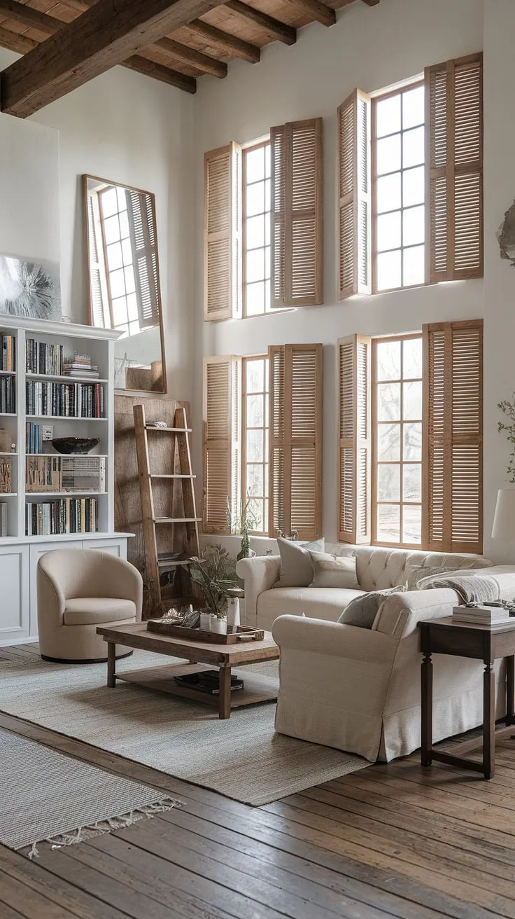 Sunlight streams through the large windows, illuminating the warm, inviting atmosphere of this contemporary farmhouse living room. The rustic wooden accents, plush beige sofa, and thoughtfully curated bookshelves create a space that's both stylish and comfortable, a perfect blend of modern and traditional design. The high ceilings and open layout enhance the feeling of spaciousness and tranquility.