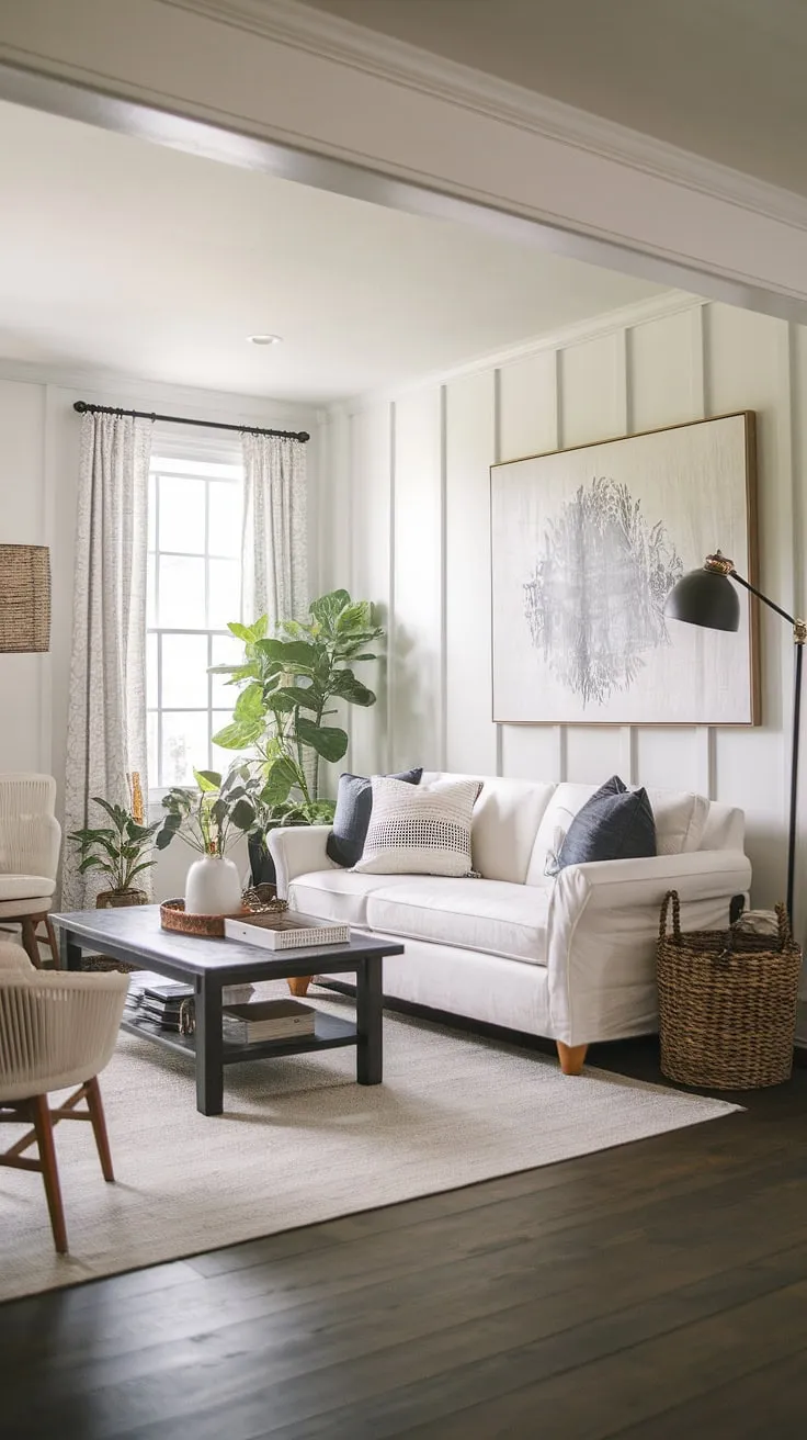 This contemporary farmhouse living room effortlessly blends rustic charm with modern elegance. The dark wood floors contrast beautifully with the crisp white walls, creating a warm and inviting atmosphere. A thoughtfully curated selection of furniture and art pieces completes the look, showcasing the perfect balance between comfort and style.