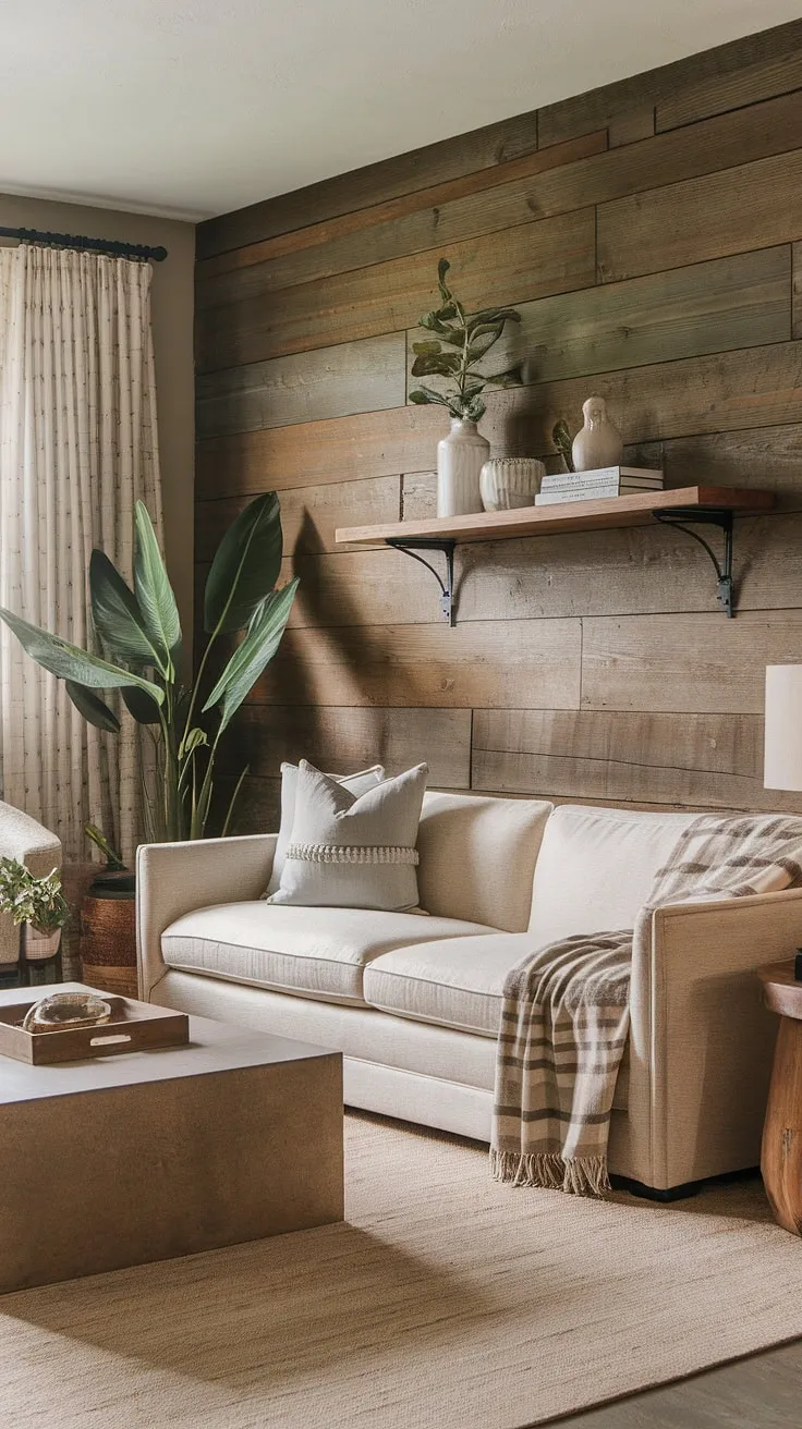 This contemporary farmhouse living room effortlessly marries rustic textures with clean lines. The beige palette, accented by natural wood and a touch of greenery, creates a serene and inviting space. A perfect example of understated elegance and comfortable living.