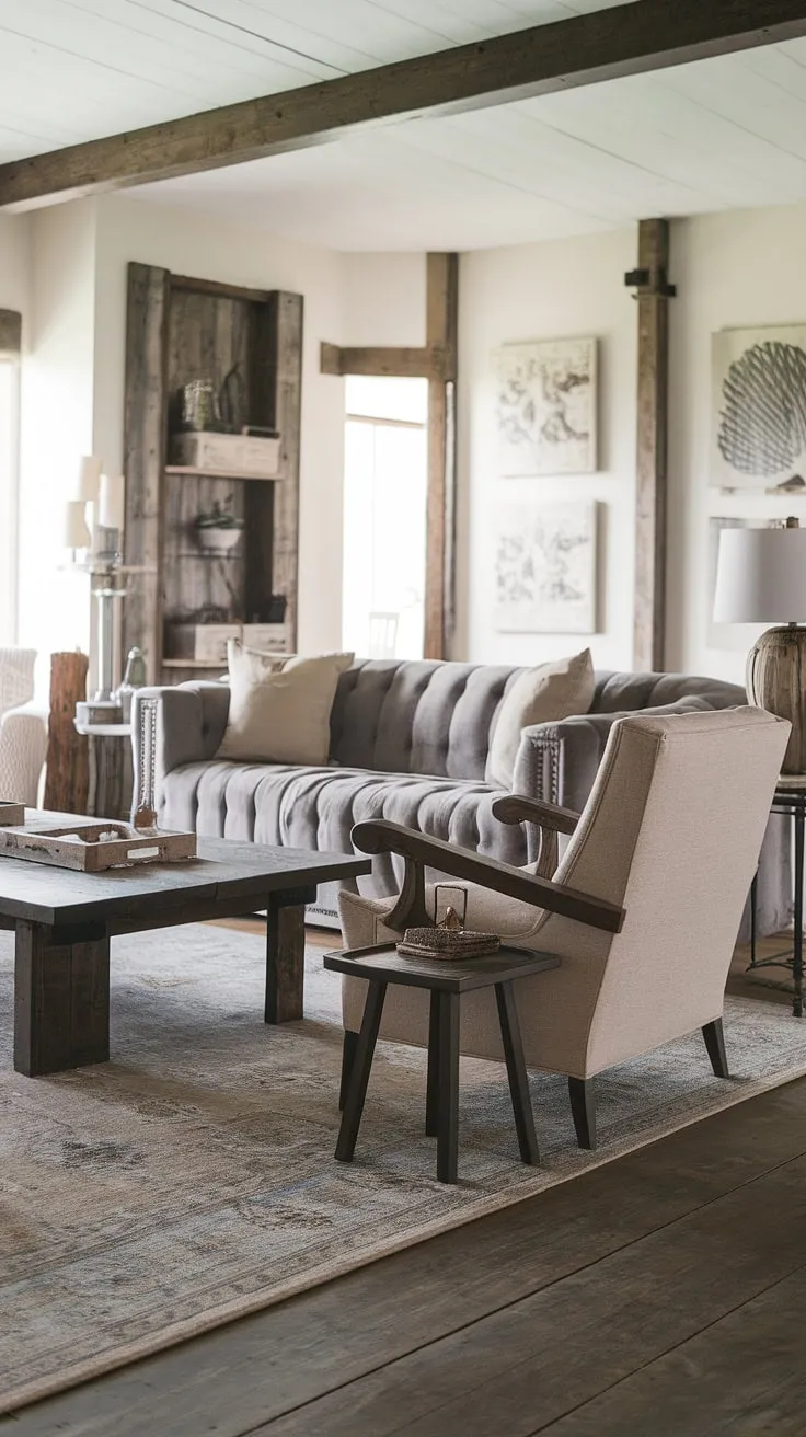 Cozy evenings and quiet mornings are best spent in this modern farmhouse living room. The plush gray sofa, rustic wooden accents, and warm lighting create a space that's both stylish and inviting. A perfect blend of comfort and design.