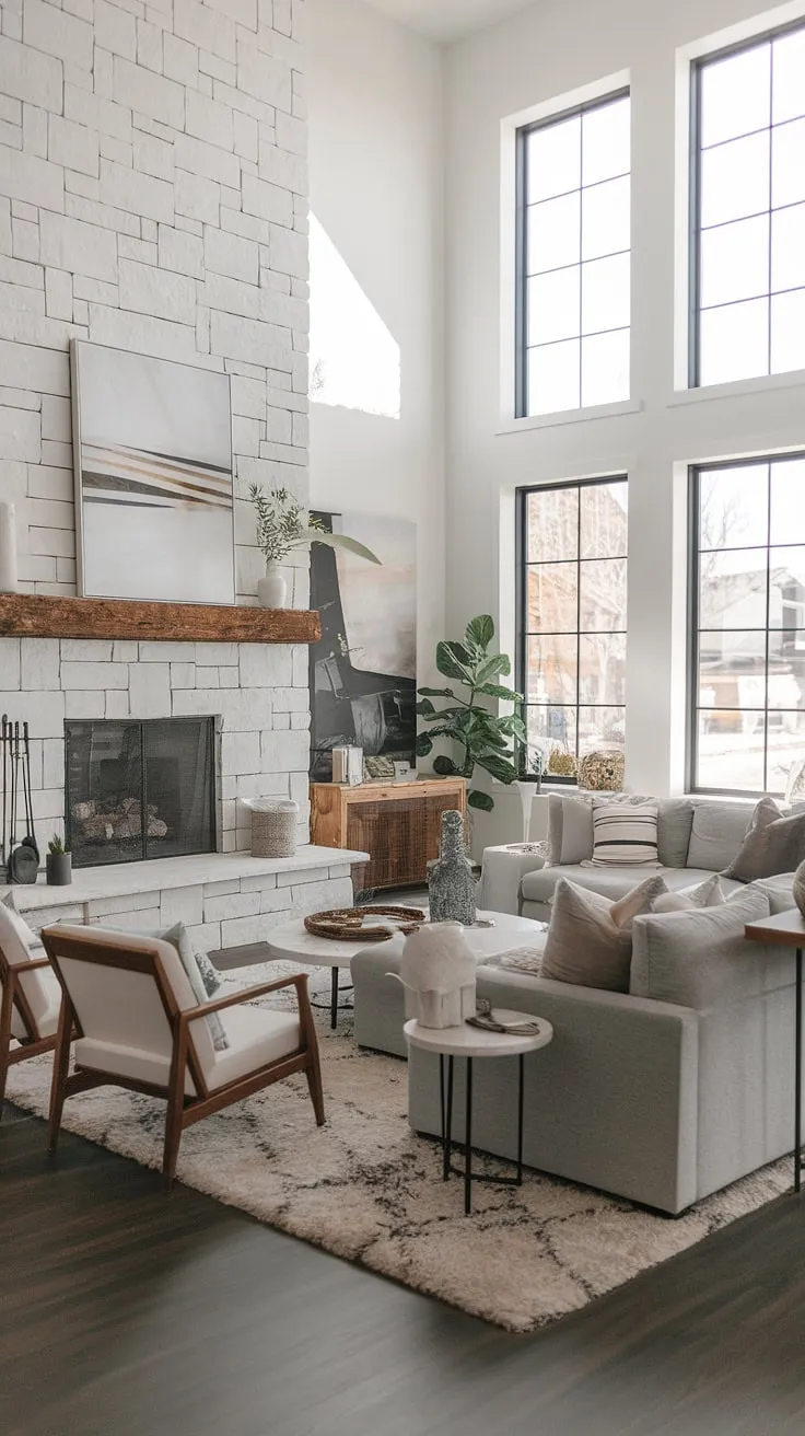 Sunlight streams through the large windows, illuminating the calming gray sectional and plush white faux fur rug in this modern farmhouse living room. The white stone fireplace, rustic mantel, and carefully chosen wooden accents create a space that's both contemporary and inviting. A perfect blend of textures and natural light defines this tranquil retreat.