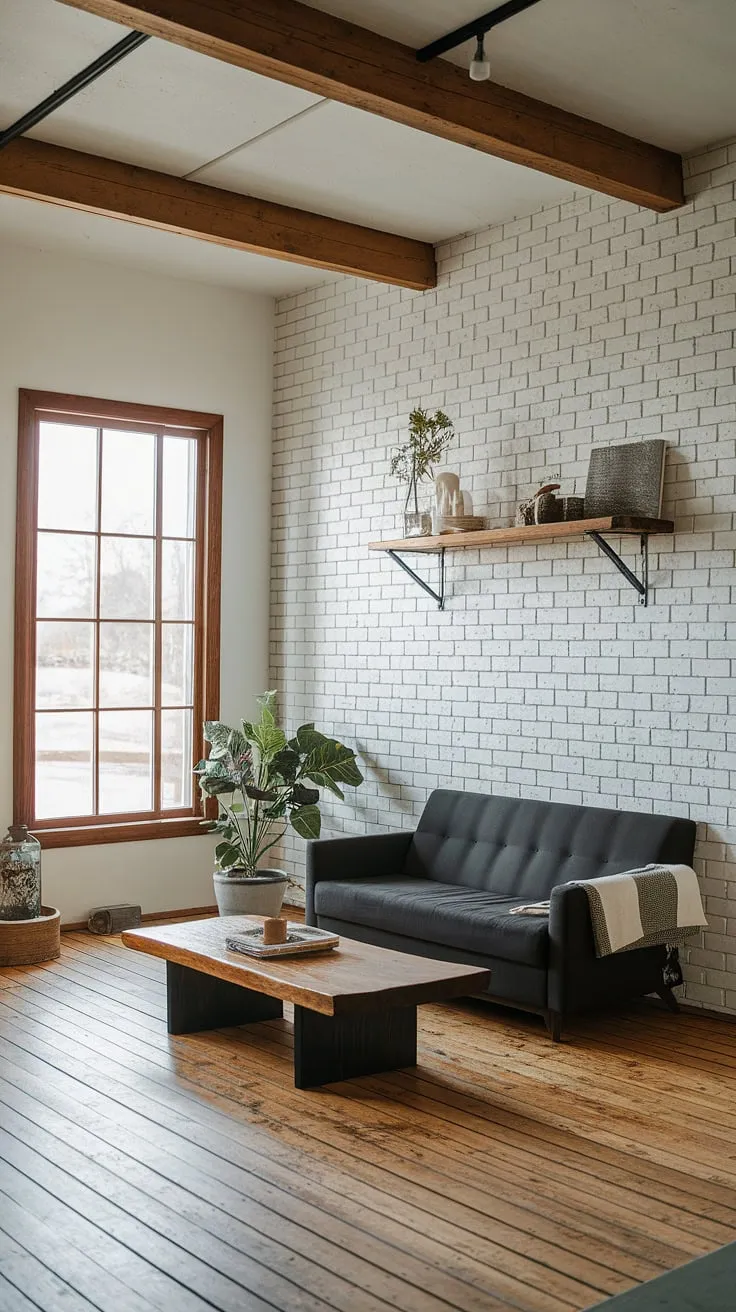 Modern farmhouse living at its finest. The exposed wooden beams and white brick wall create a stunning backdrop for the comfortable gray sofa and warm wooden accents, perfectly complemented by the natural light streaming in through the large window. A touch of greenery adds life to this tranquil space.