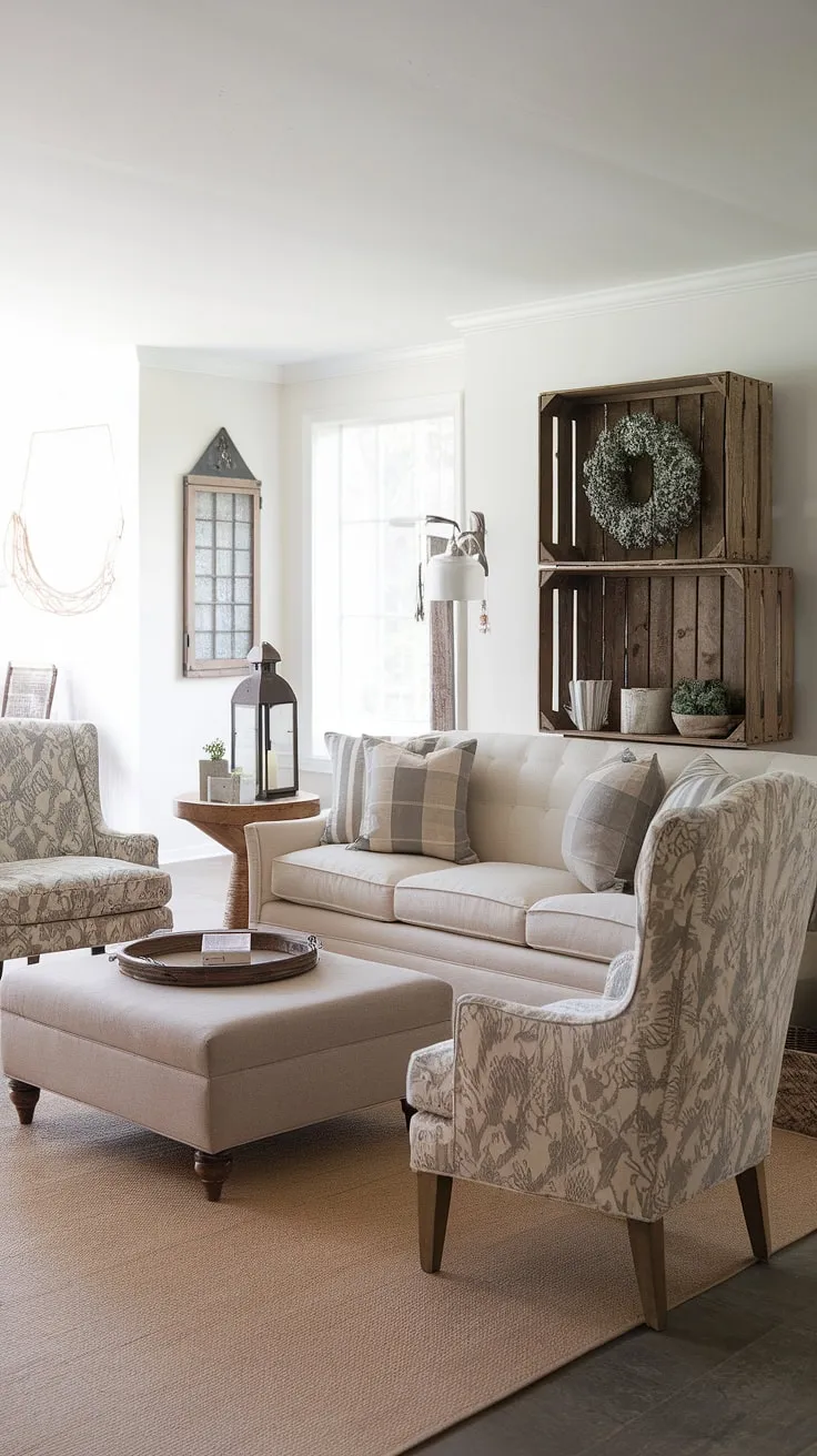 This contemporary farmhouse living room effortlessly marries rustic details-like the wooden crate and lantern-with clean lines and a neutral color scheme. The result? A space that's both stylish and incredibly comfortable, ideal for unwinding after a long day.
