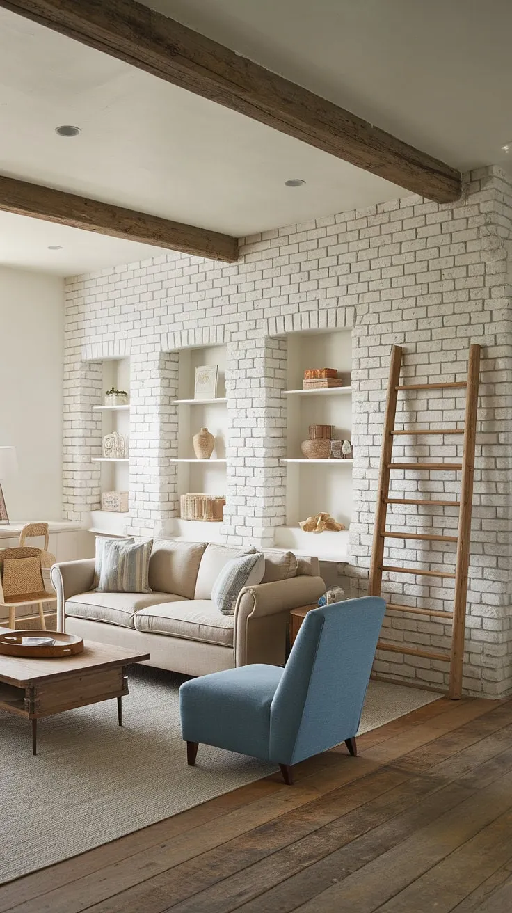 This contemporary farmhouse living room effortlessly blends rustic elements with clean lines. The whitewashed brick wall, complemented by warm wood tones and comfortable seating, offers a serene and welcoming atmosphere. A thoughtfully placed ladder provides both visual interest and practical storage.