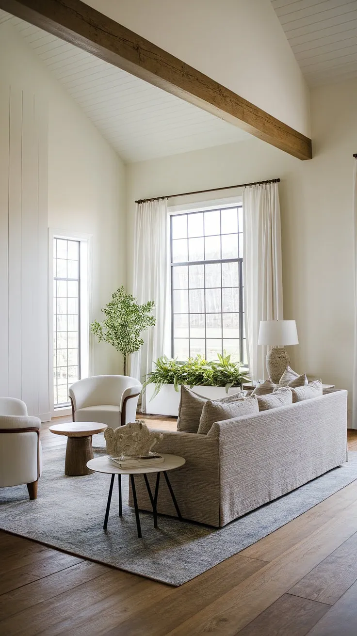 This contemporary farmhouse living room effortlessly blends rustic charm with modern elegance. The high ceilings and exposed wooden beam add architectural interest, while the soft gray sofa and carefully chosen accessories create a welcoming and inviting atmosphere. A perfect sanctuary for relaxation and connection.