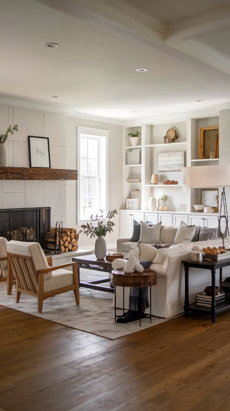 Cozy nights and crackling fires define this modern farmhouse living room. The rustic charm blends seamlessly with contemporary comfort, creating a space that's both inviting and stylish. A perfect blend of old and new, this room showcases the best of both worlds.