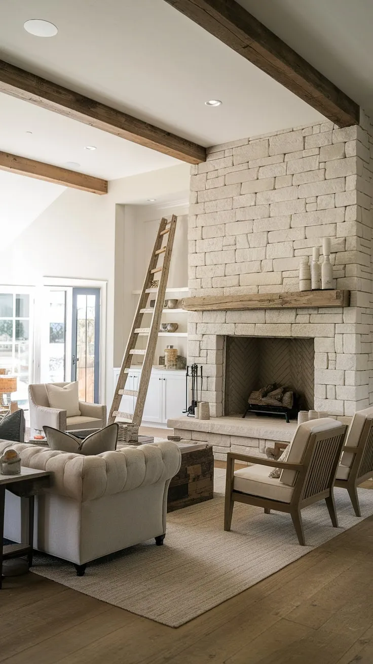 This contemporary farmhouse living room effortlessly blends rustic elements, like the exposed wooden beams and stone fireplace, with modern comfort. The plush gray sofa and wooden chairs invite relaxation, while the vintage ladder adds a touch of unexpected character. A truly inviting space.