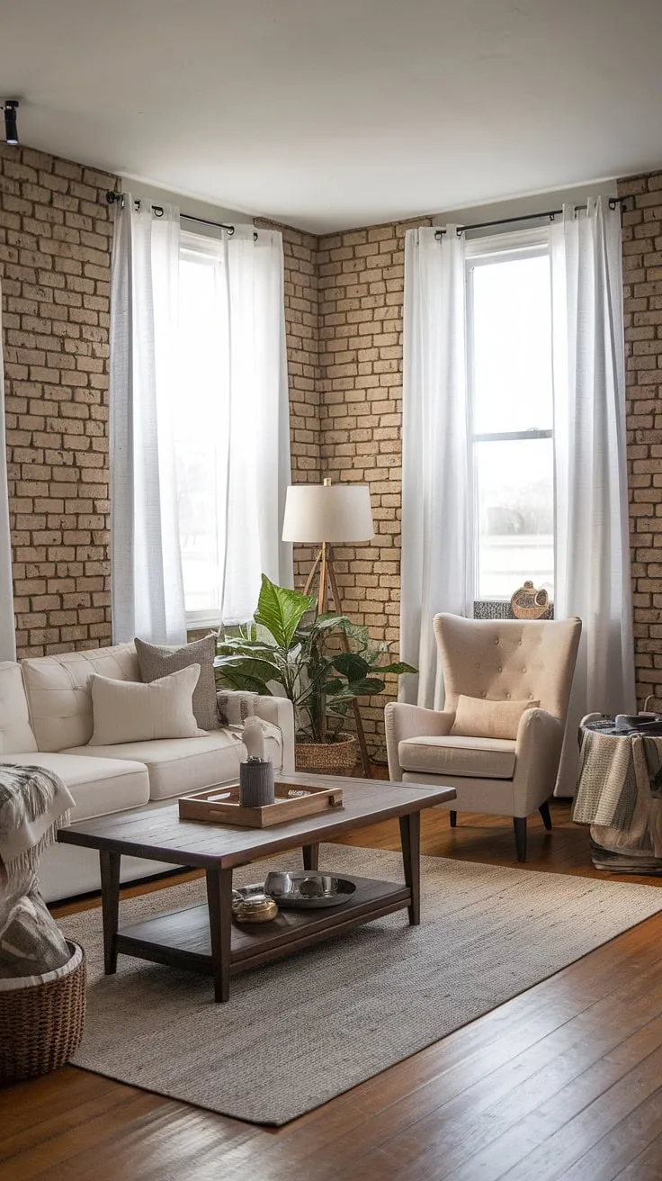 Where rustic charm meets modern comfort. This living room effortlessly blends exposed brick walls with a plush white sofa and warm wood tones, creating a space that's both inviting and stylish. The perfect blend of textures and natural light makes it the heart of the home.