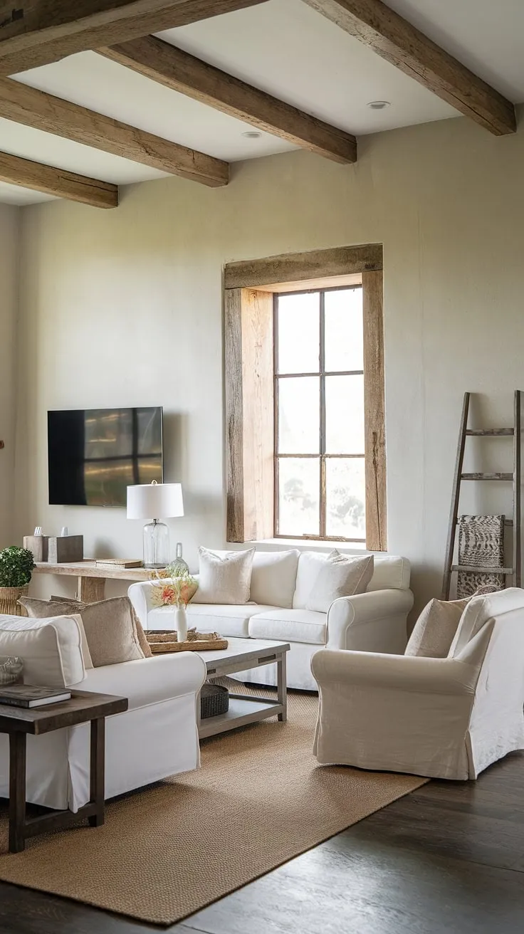 Sunlight streams through the rustic window, illuminating the cozy blend of modern and farmhouse charm in this living room. The white sofa, complemented by a wooden coffee table and a leaning ladder, creates a space that's both stylish and inviting. A perfect example of effortless elegance.