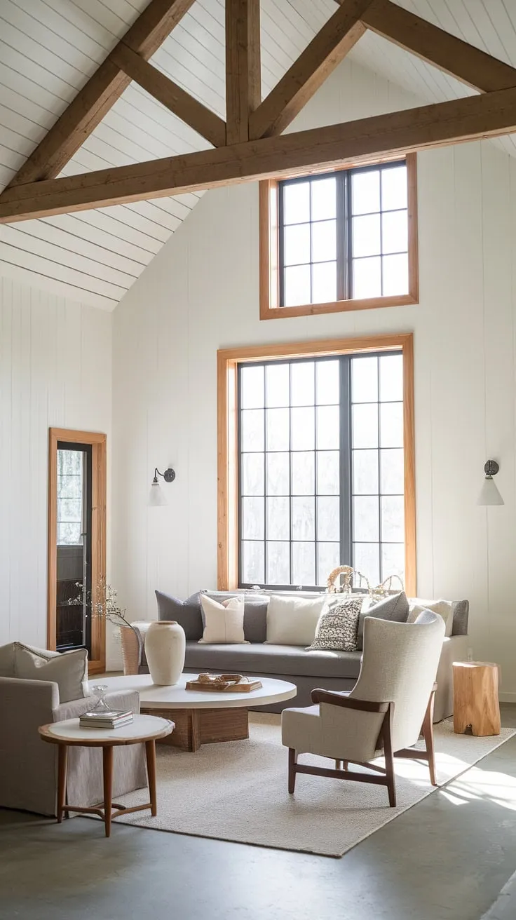 This modern farmhouse living room effortlessly blends rustic elements with contemporary comfort. The exposed beams and wooden accents add warmth and character, while the neutral color palette and plush seating create a relaxing and inviting atmosphere. A haven of tranquility and style.
