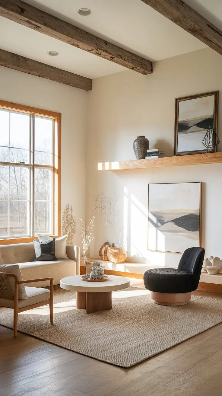 Sunlight streams through the large window, illuminating the warm, inviting atmosphere of this modern farmhouse living room. The rustic wooden beams and charming décor create a space that's both stylish and comfortable, a perfect blend of a modern and rustic aesthetics.