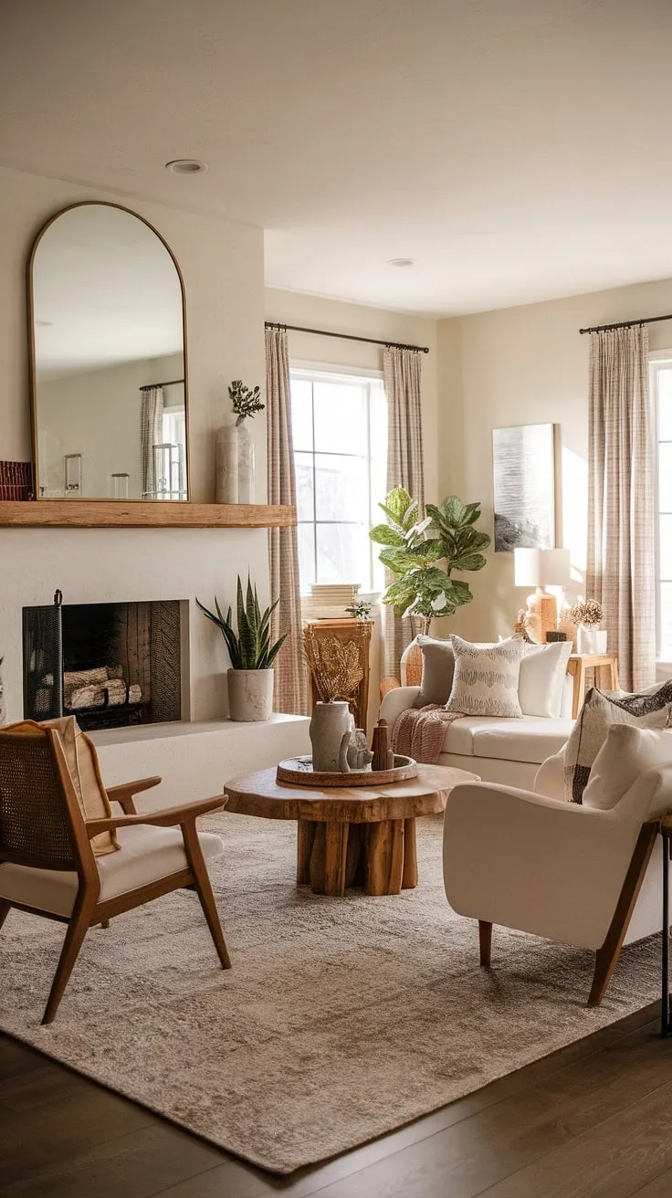 Cozy nights and warm days are best spent in this contemporary farmhouse living room. The blend of rustic charm and modern comfort creates a space that's both inviting and stylish, perfect for relaxing and entertaining. A built-in fireplace bench adds a touch of unique character, while the plush rug and comfortable seating ensure ultimate relaxation.