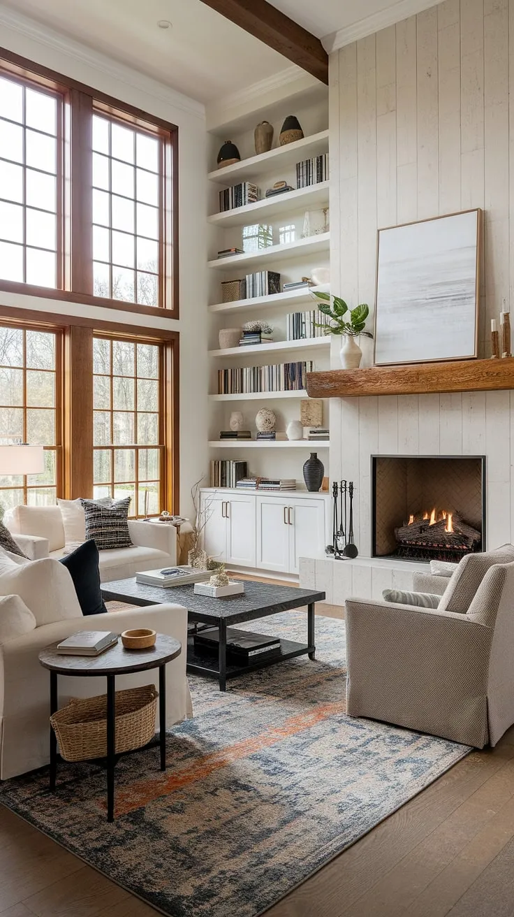 Rustic charm meets modern comfort in this contemporary farmhouse living room. The warmth of the wood-burning fireplace, the inviting sofa, and the abundance of natural light create a space that's both stylish and incredibly cozy. A perfect blend of old and new, this room is a testament to the enduring appeal of the farmhouse aesthetic.