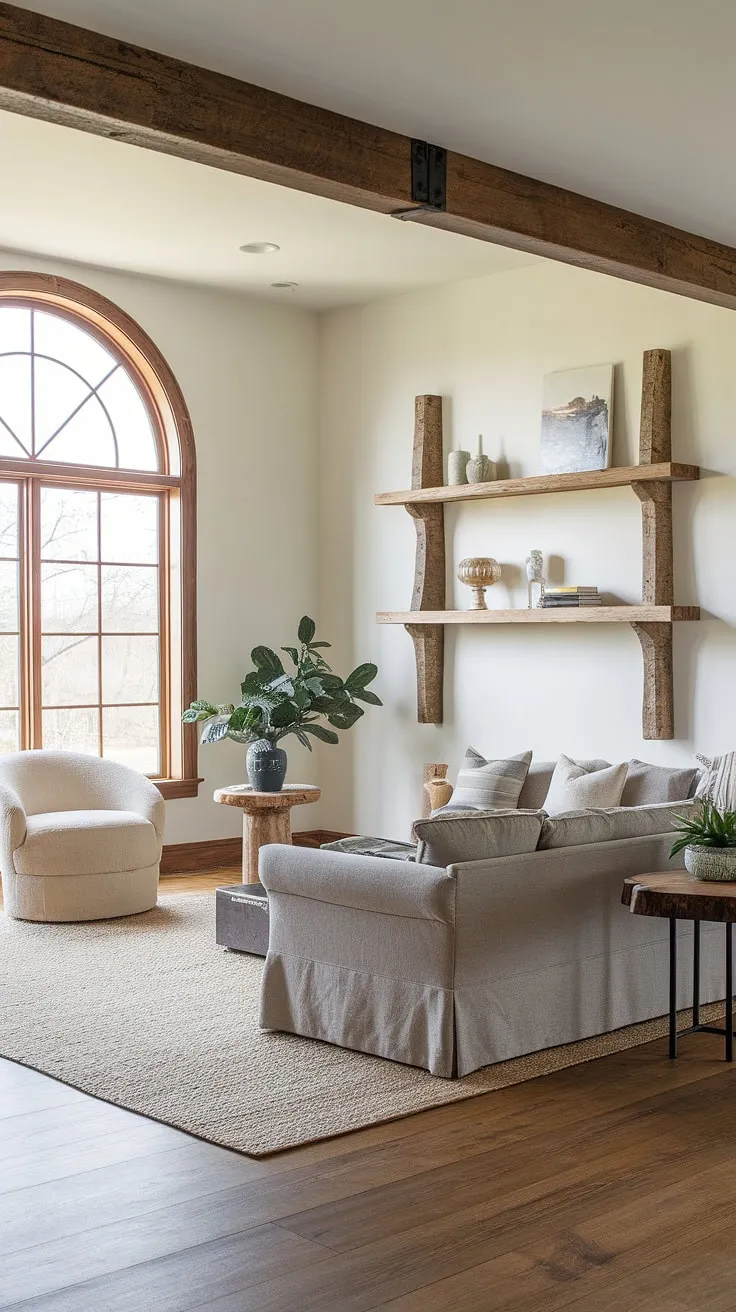 Sunlight streams through the arched window, illuminating the cozy textures of this contemporary farmhouse living room. The rustic wooden beam and shelf add warmth to the crisp white walls, while the plush gray sofa and woven rug create a space perfect for relaxation. A touch of greenery adds life to the scene, creating a haven of calm and comfort. A sense of peaceful serenity permeates the room.