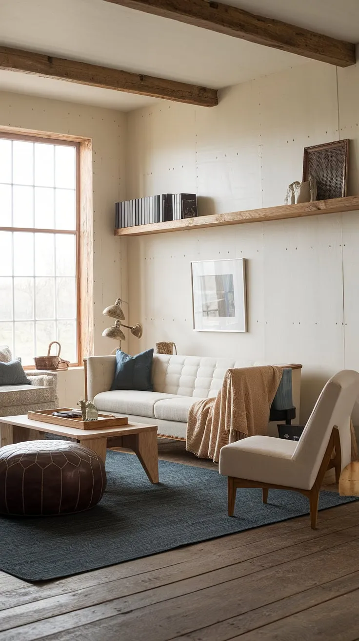 This contemporary farmhouse living room effortlessly blends rustic charm with modern elegance. The large window, wooden beams, and textured floors create a warm and inviting atmosphere, while the carefully chosen furniture and accessories add a touch of sophistication. A space designed for relaxation and comfortable living.