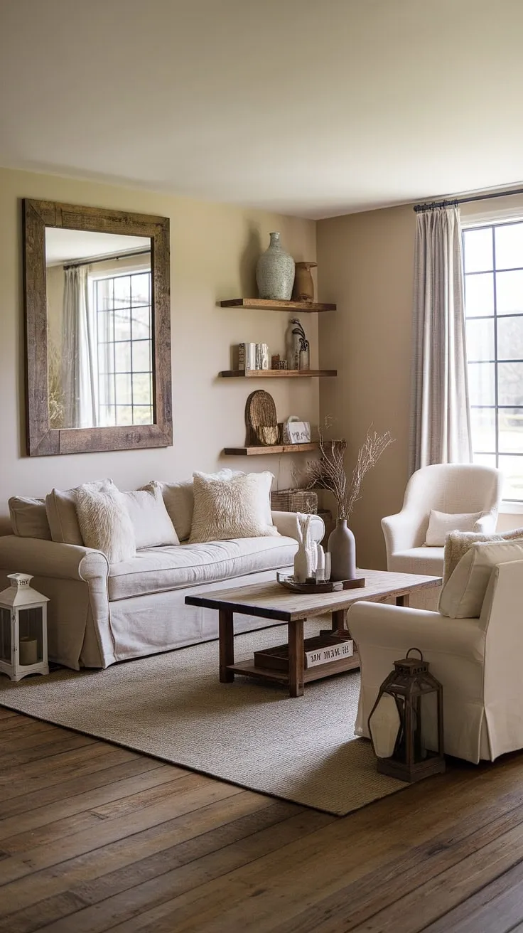 This modern farmhouse living room effortlessly blends rustic elements with clean lines. The beige sofa, complemented by fluffy pillows and a white accent chair, offers a relaxed and inviting atmosphere. Natural light streams in, highlighting the beautiful wooden floors and the carefully curated décor, creating a space that's both functional and aesthetically pleasing.