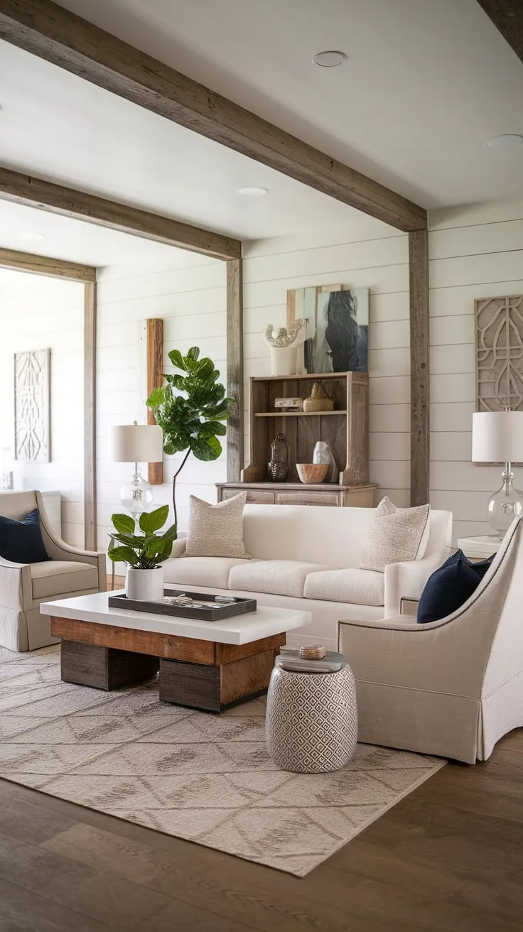 Rustic charm meets modern comfort in this contemporary farmhouse living room. The blend of textures, from the cozy beige seating to the sleek white coffee table, creates a space that's both inviting and stylish. A touch of vintage in the wooden cabinet adds character, while the geometric patterns on the rug and decorative objects bring a sense of playful sophistication. This is the perfect example of how to seamlessly integrate rustic and modern elements for a truly unique and livable space.