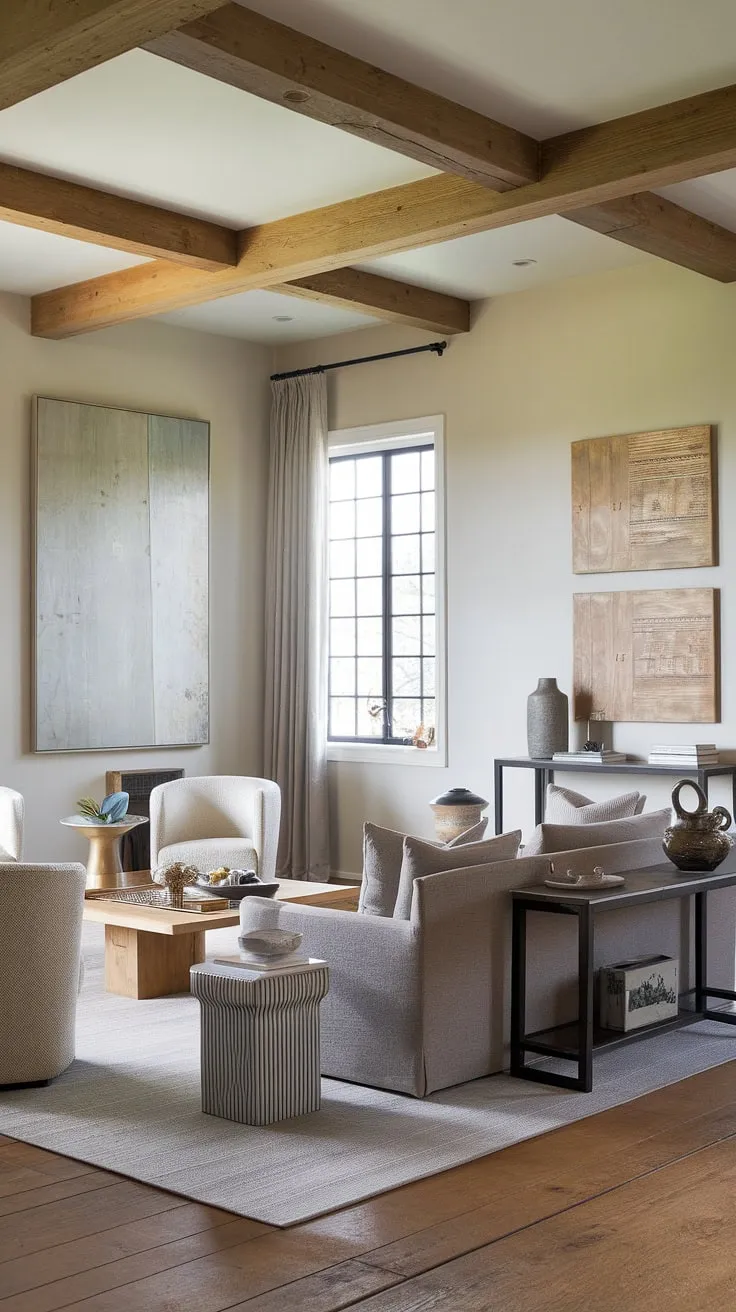 The interplay of textures and tones in this living room is simply captivating. From the rustic wooden beams to the sleek lines of the sofa, every element contributes to a space that feels both inviting and refined. A truly stunning example of modern farmhouse design.