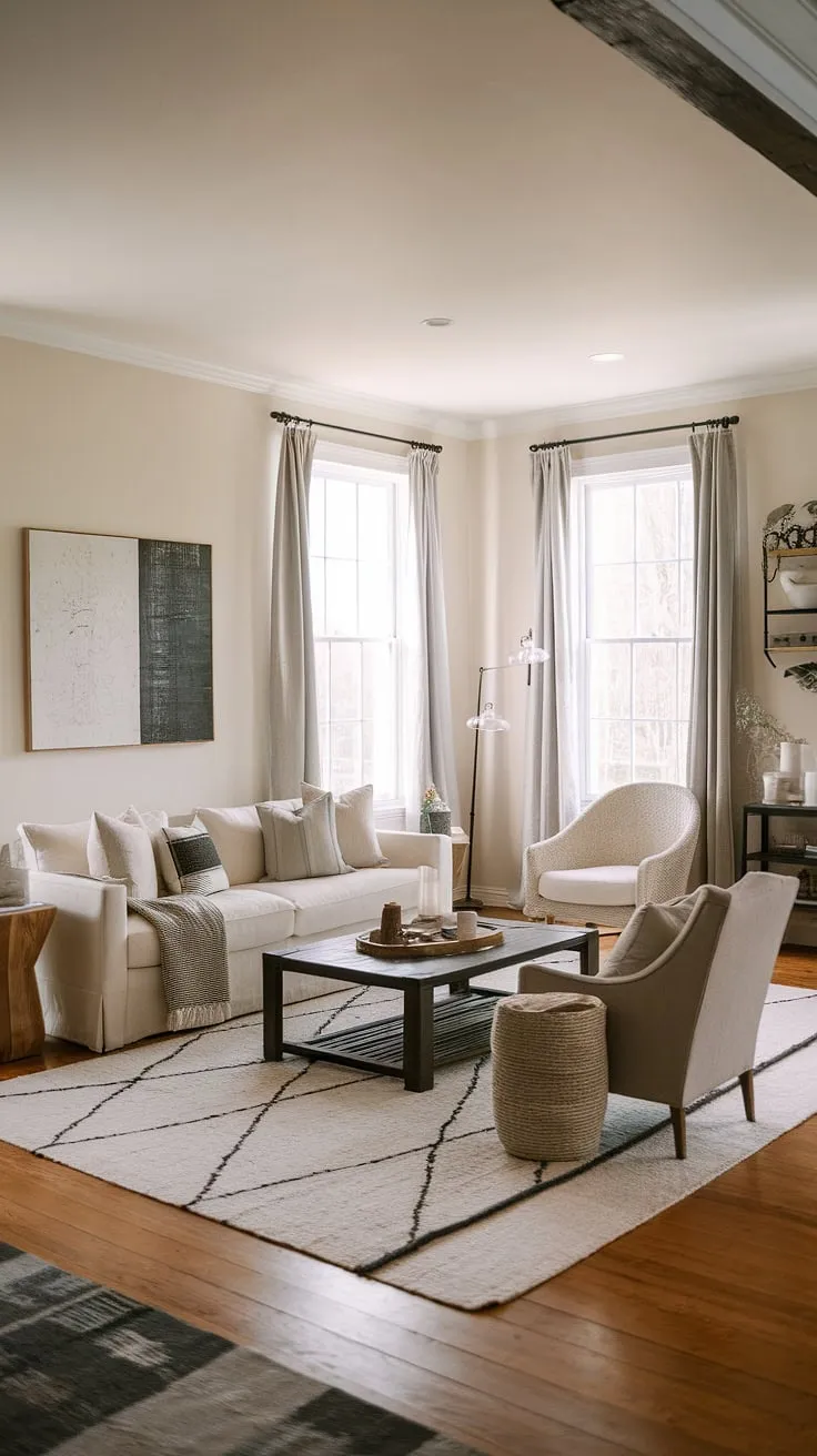 This living room effortlessly blends the warmth of a farmhouse aesthetic with the clean lines of modern design. The high ceilings and light-filled space are enhanced by carefully chosen accents, from the artwork on the walls to the plush textures of the seating. A haven of calm and style.