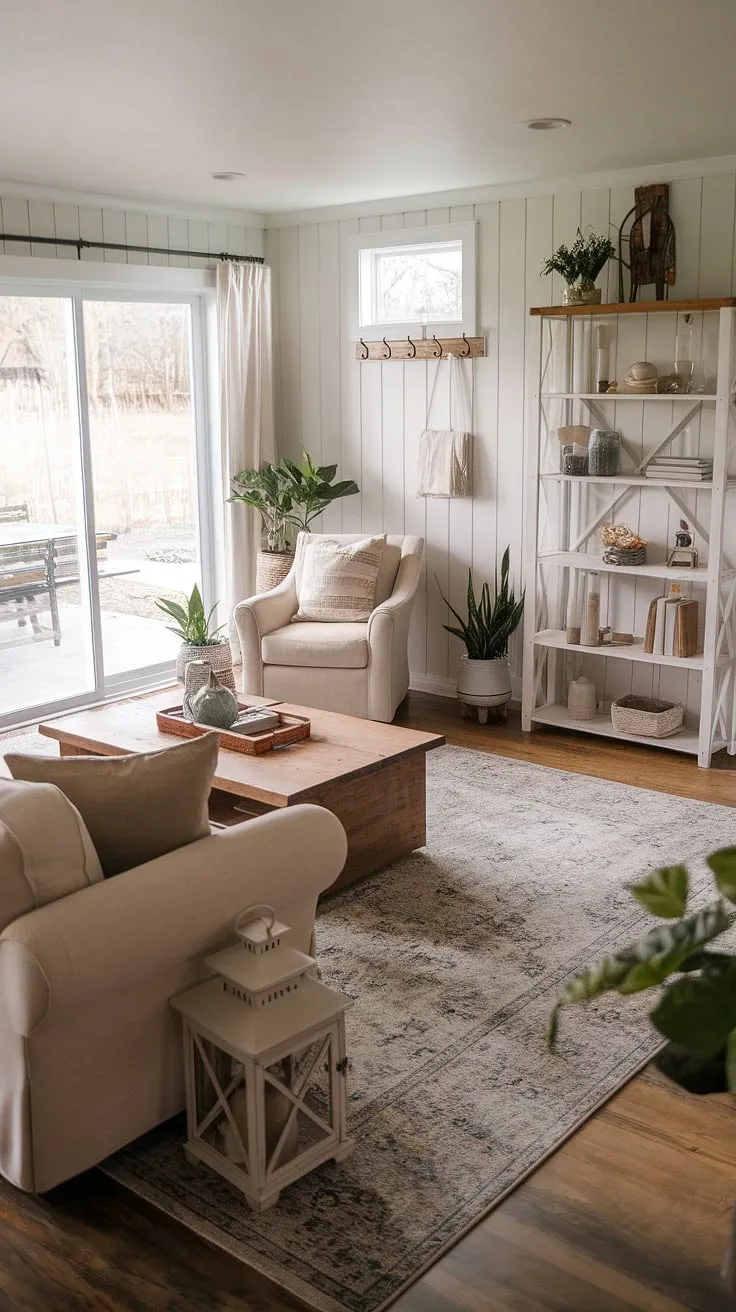 Cozy evenings and sun-drenched afternoons are equally at home in this modern farmhouse living room. The warm wood paneling, comfortable seating, and thoughtful details create a space that's both stylish and inviting-a perfect blend of rustic charm and contemporary ease. The sliding door opens to a tranquil patio, extending the living space seamlessly outdoors.