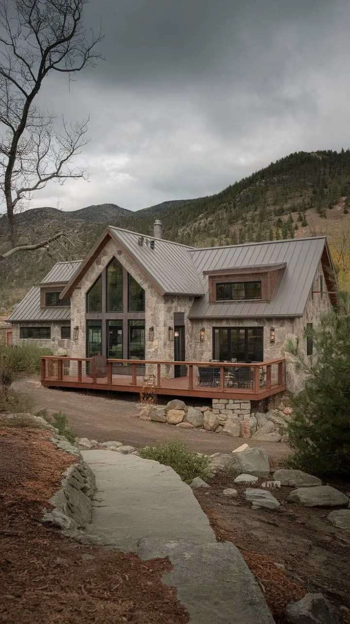 This breathtaking mountain home harmoniously blends rustic modern design with nature, featuring large windows and a spacious deck that invite the stunning landscape indoors.
