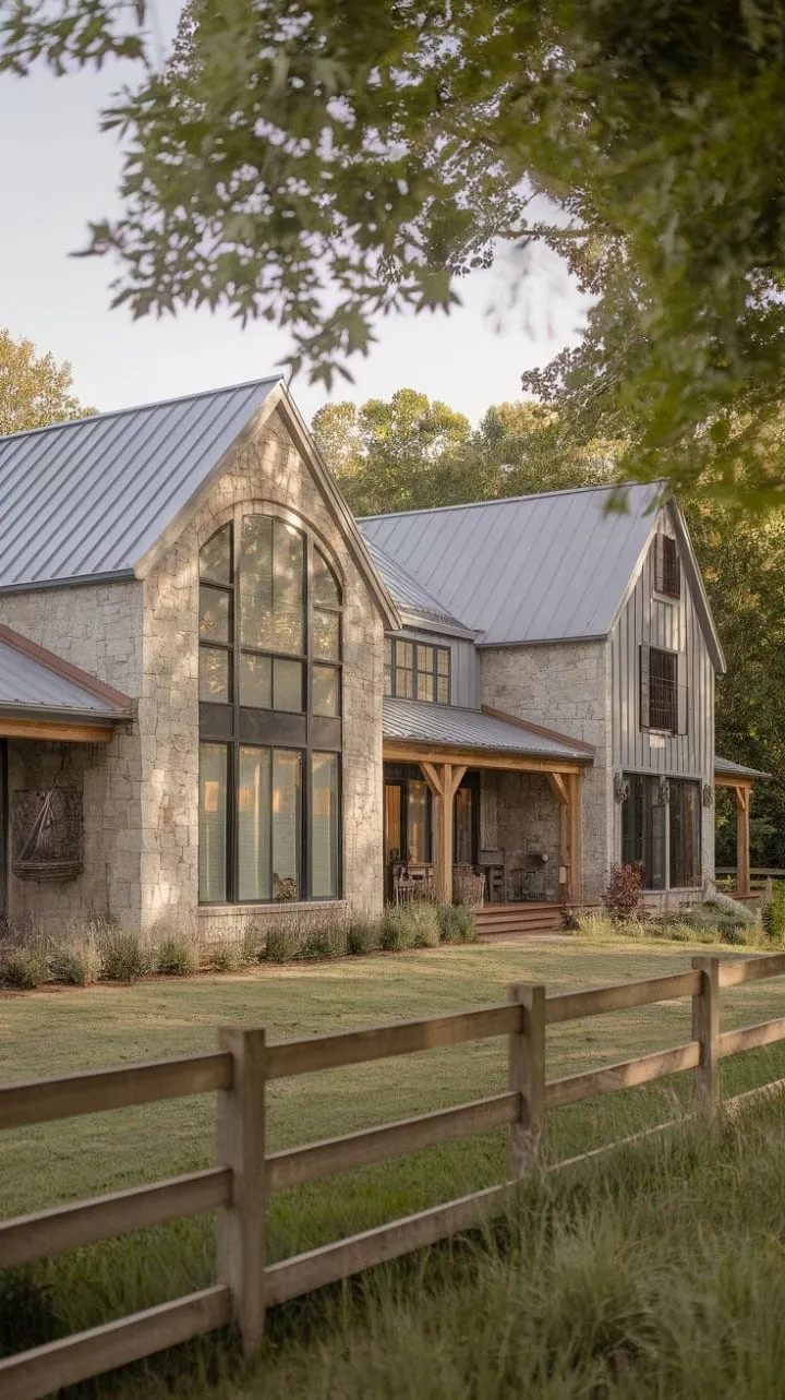 This dream home masterfully combines rustic charm and modern elegance, featuring a stunning stone façade, metal roof, and expansive windows that dance with light amidst a serene wooden deck and lush greenery.