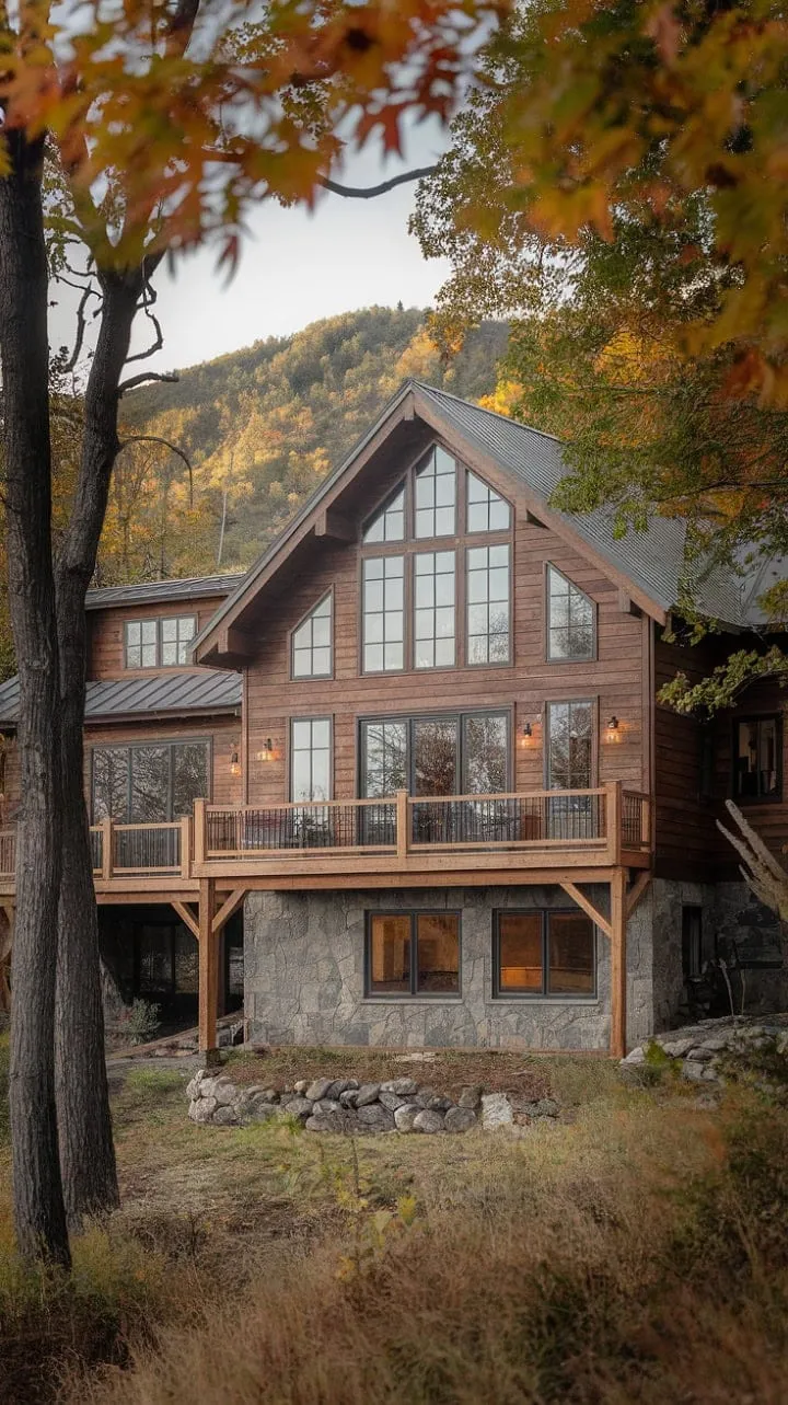 This modern farmhouse, with its rustic charm and stunning mountain views, serves as a serene autumn retreat.