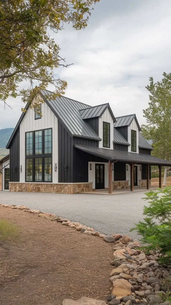 This rustic-modern farmhouse, with its striking dark exterior and elegant white accents, harmoniously blends architectural artistry with the breathtaking mountain landscape, creating a serene sanctuary.