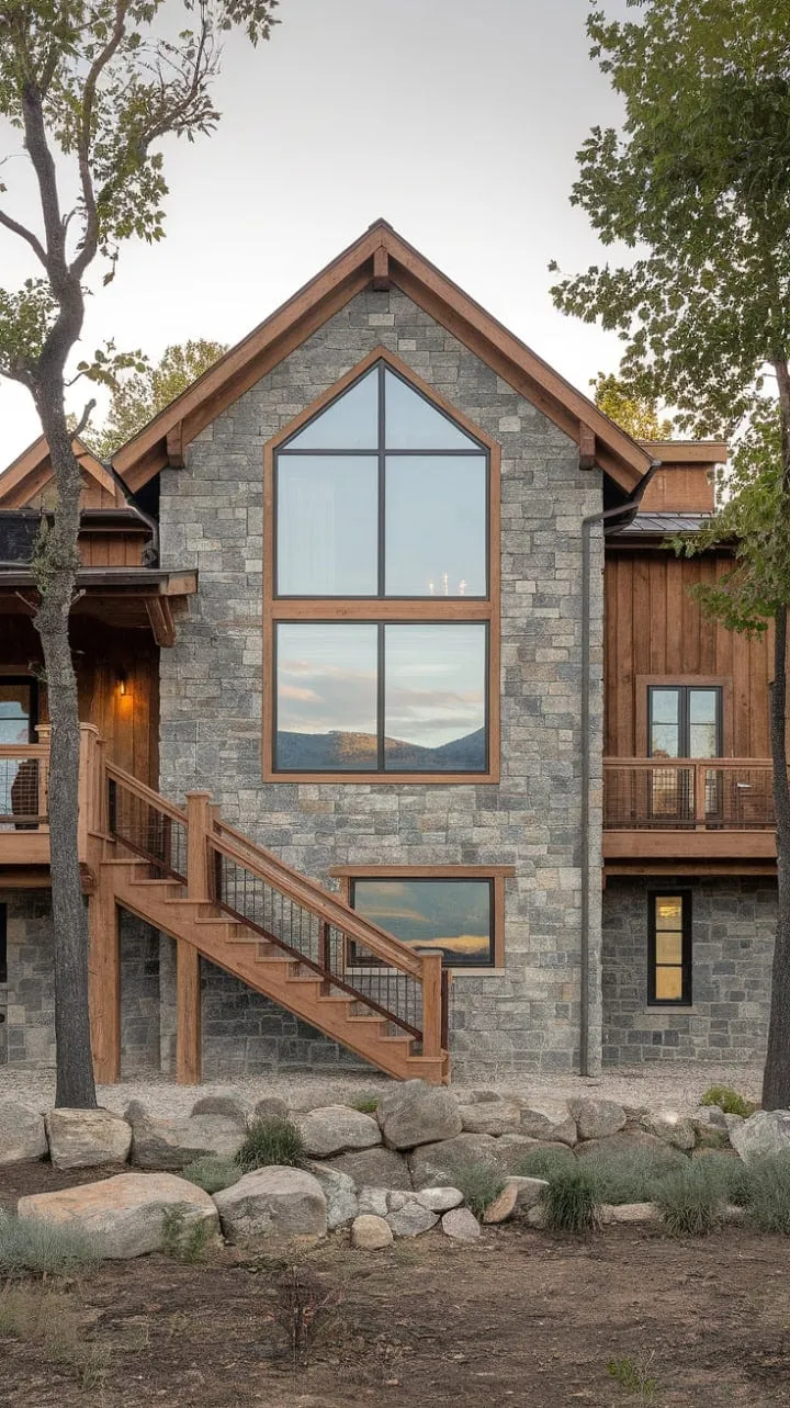 This mountain retreat artfully combines stone and wood, featuring expansive windows that showcase breathtaking views and a cozy wooden staircase, making it a dream haven of comfort and nature.