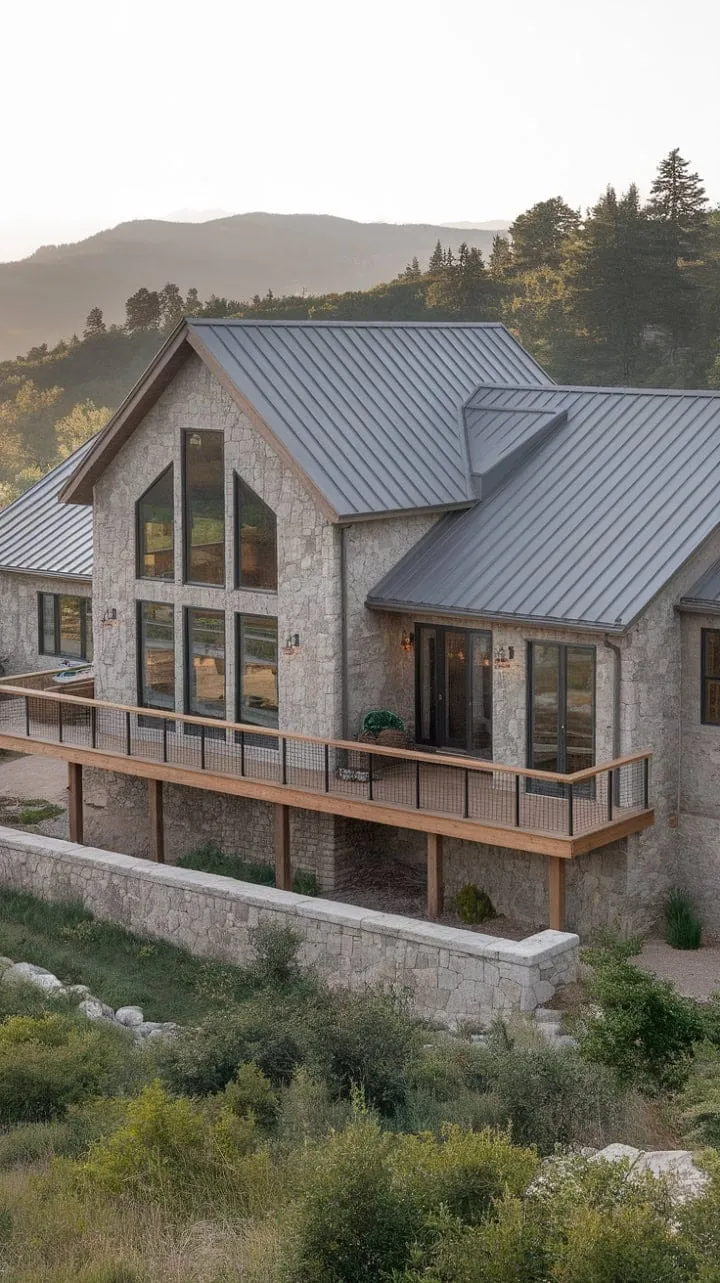 This contemporary farmhouse harmoniously fuses rustic charm with stunning mountain vistas, inviting you to embrace the tranquility of nature through its expansive windows and wooden deck.
