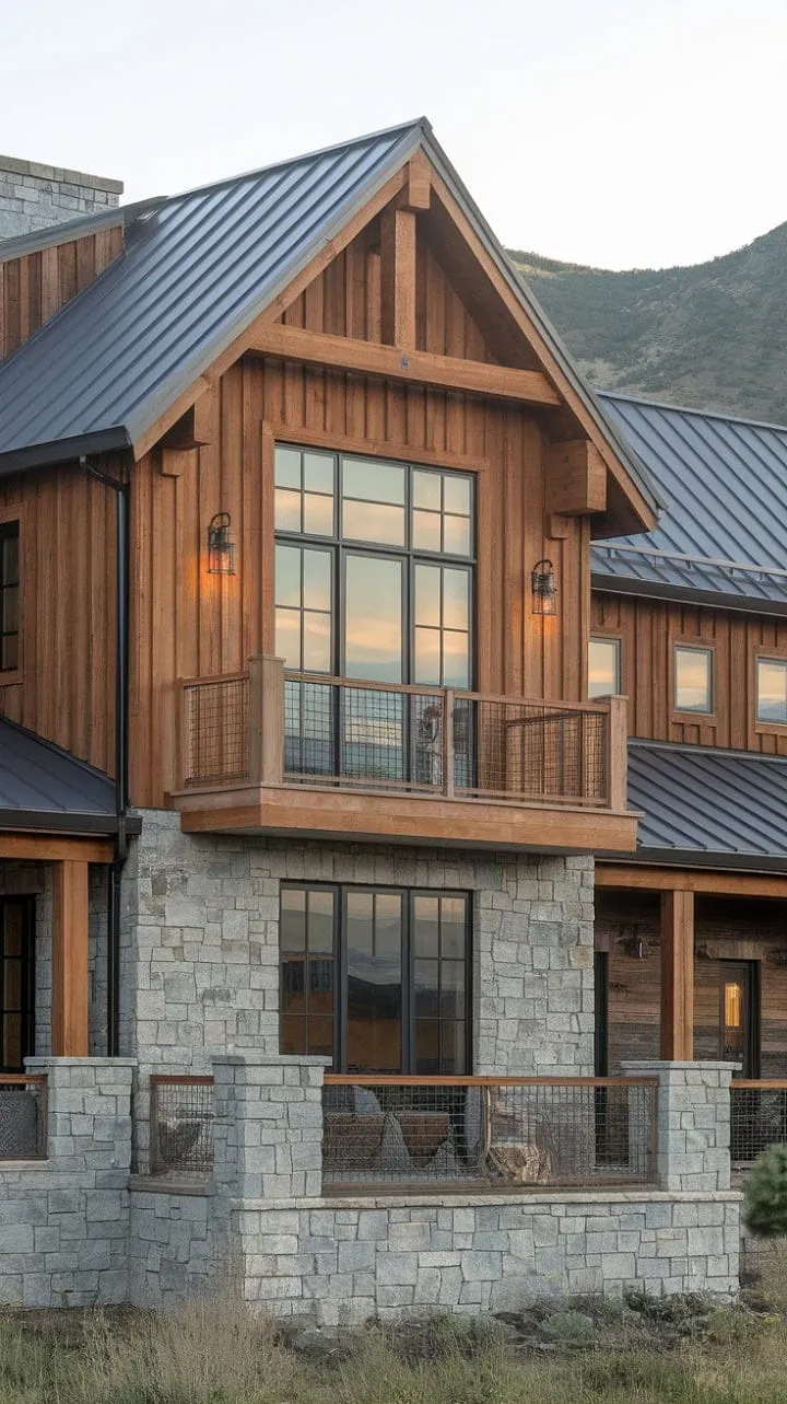 This stunning home harmoniously blends the rugged charm of the mountains with sleek modern architecture, showcasing a captivating exterior and breathtaking views from its elegant balcony.