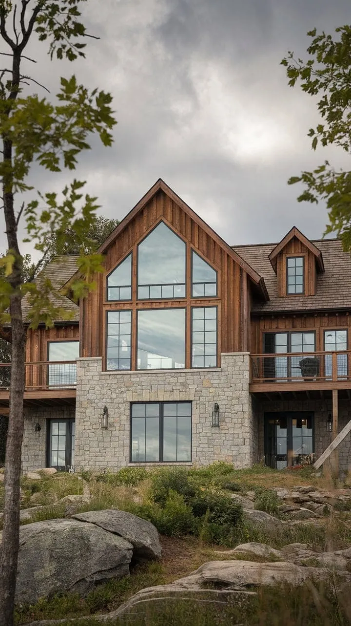 This modern farmhouse, with its stone foundation and sweeping views, harmoniously fuses rustic charm and contemporary design, inviting tranquil moments of solitude on its spacious wooden deck.