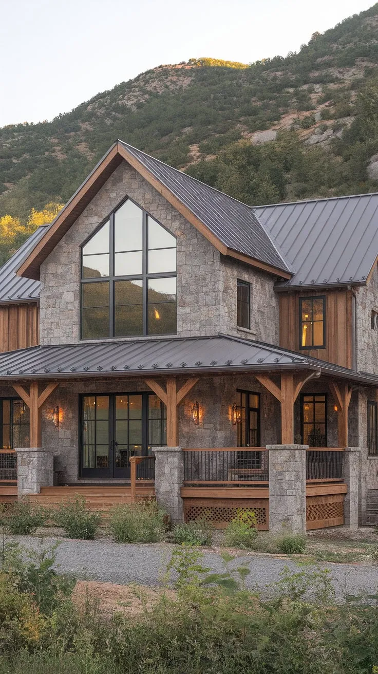 A stunning mountain retreat, this home effortlessly marries rustic and modern aesthetics. The large windows frame the picturesque landscape, while the stone and metal exterior provide a durable and stylish shell. A perfect blend of comfort and sophistication, it's a place where you can reconnect with nature and unwind in luxurious simplicity. A dream home realized.