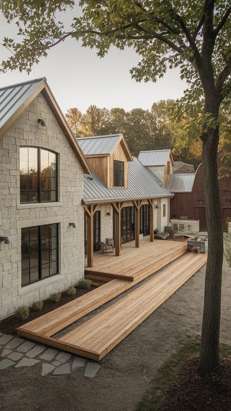 Where rustic charm meets modern elegance. This contemporary farmhouse seamlessly blends natural stone, expansive windows, and a metal roof, creating a tranquil retreat amidst the surrounding landscape. The accompanying barn adds to the property's unique character, a testament to thoughtful design and a harmonious blend of industrial and organic elements.