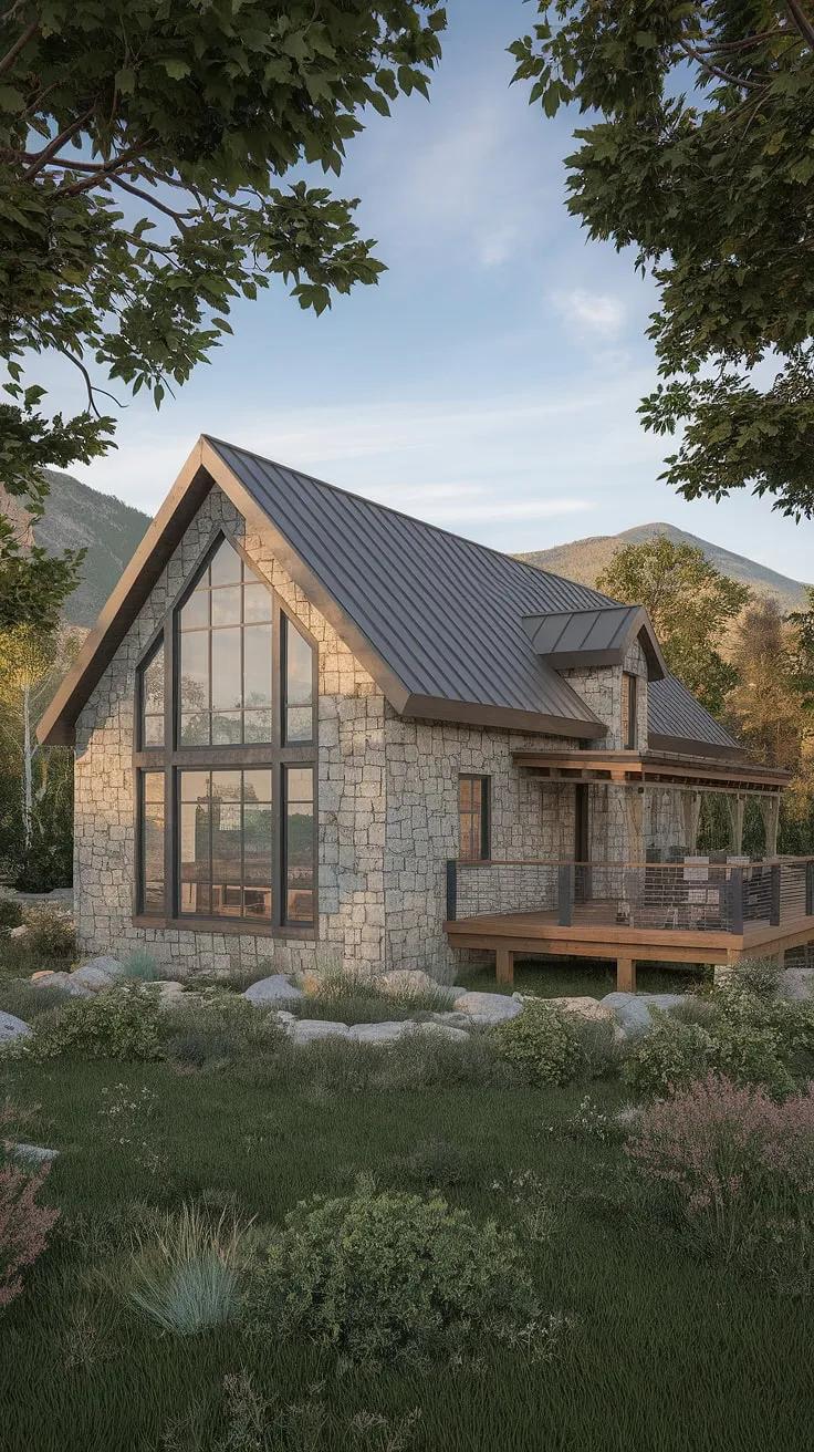 Nestled in the heart of the mountains, this contemporary farmhouse seamlessly blends rustic charm with modern elegance. The expansive windows offer breathtaking views, while the stone exterior and wooden deck create a warm and inviting atmosphere. A perfect retreat for those seeking tranquility and stunning scenery. A testament to thoughtful design and exquisite craftsmanship.