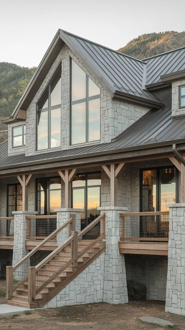 Where modern meets mountain. This contemporary farmhouse, with its stone façade and expansive windows, offers breathtaking views and a rustic charm that's simply unforgettable. The wooden staircase and porch add a touch of warmth, creating a welcoming haven nestled amongst the peaks.
