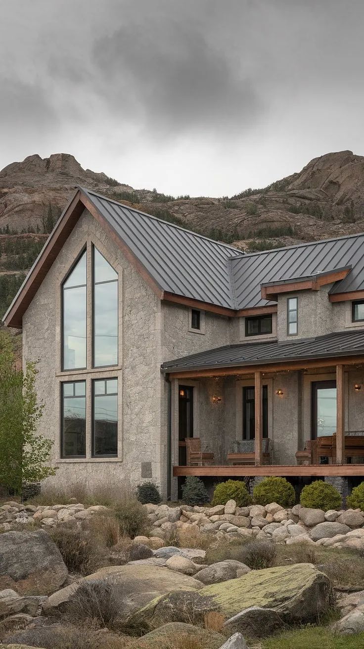 A stunning example of rustic modern design, this farmhouse stands proudly amidst a rocky, mountainous terrain. Large windows flood the interior with natural light, showcasing the awe-inspiring scenery. A blend of stone, wood, and metal creates a textural masterpiece, while the expansive porch offers a perfect spot to appreciate the tranquility of the surroundings. A true escape, this home embodies the spirit of adventure and refined living.