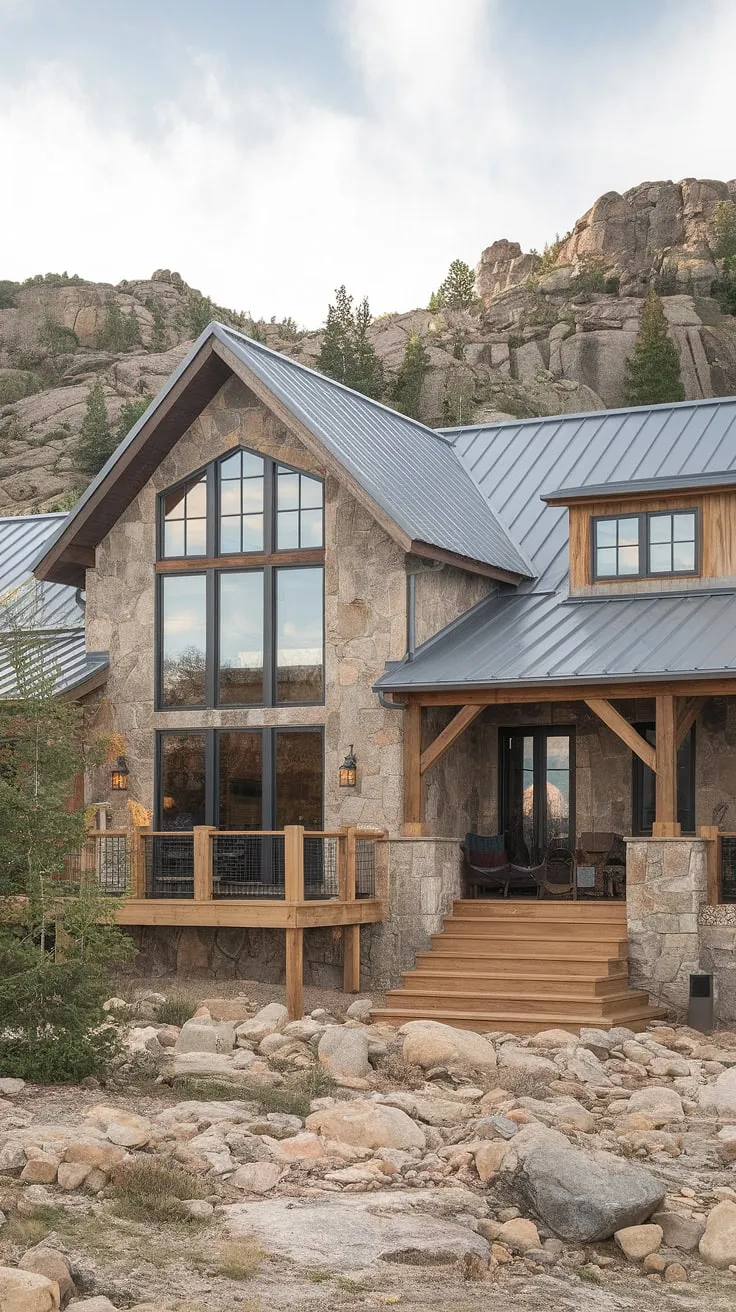 This stunning modern farmhouse, built with a locally sourced materials, stands as a testament to the enduring appeal of rustic elegance. The expansive windows frame the majestic mountain landscape, while the wooden deck offers a perfect vantage point to soak in the serenity of this remarkable setting.