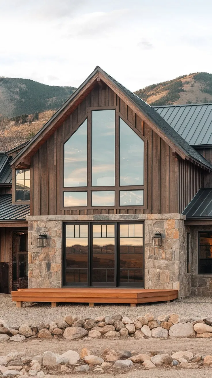 This stunning modern farmhouse, with its rustic stone base and expansive windows, sits proudly overlooking a majestic mountain range. A spacious wooden deck invites you to relax and soak in the panoramic views. A true masterpiece of architecture, blending contemporary style with the warmth of nature. A sanctuary, a haven, a place to call home.